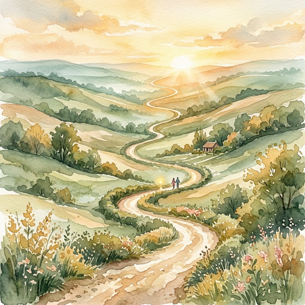 Caminho por colinas verdes simbolizando jornada dos vales do amor