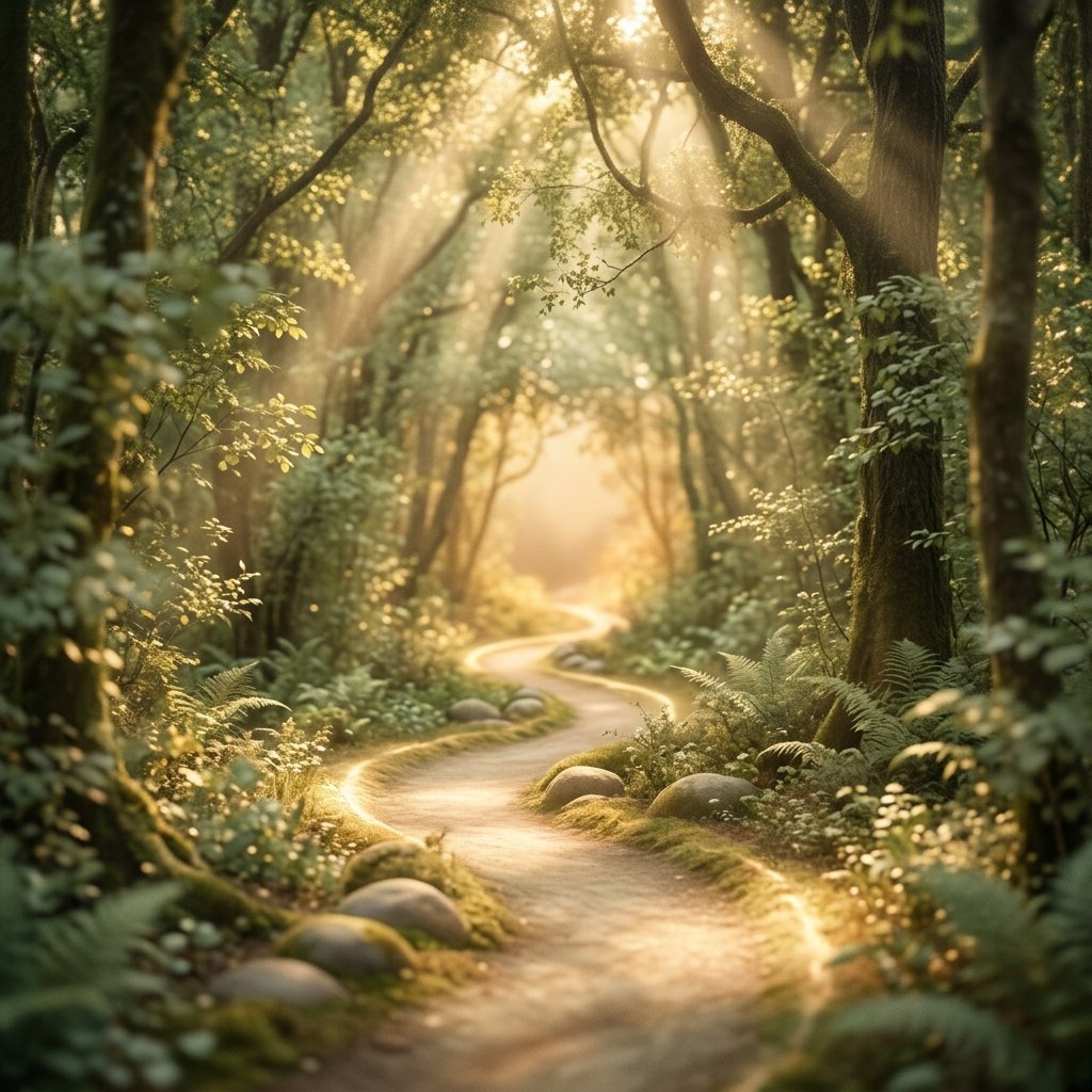 Caminho iluminado na floresta simbolizando transformação
